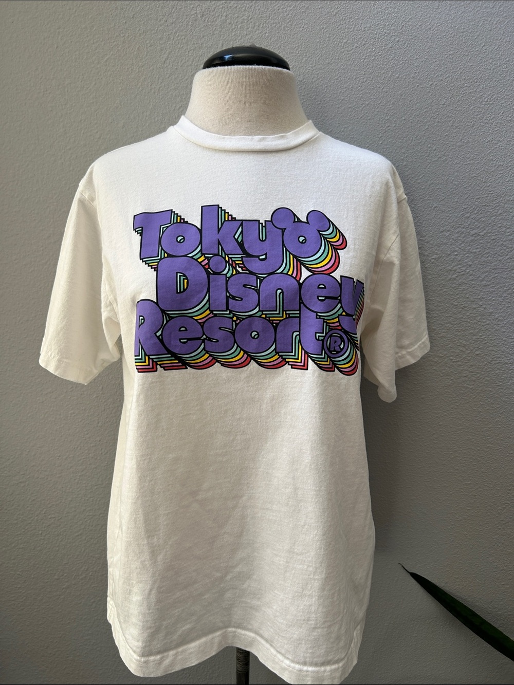 Disney Tokyo Resort White Tee with Purple Rainbow Retro Logo L